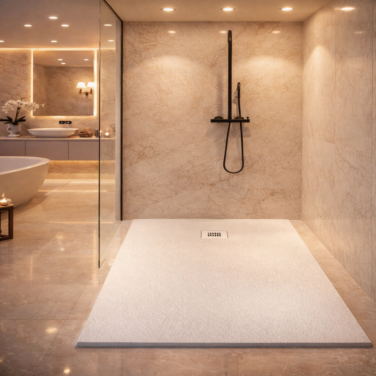 Plato de ducha Gel Coat Formentera Becrisa, acabado piedra, color Blanco, antideslizante, higiénico y duradero, Errefe Home