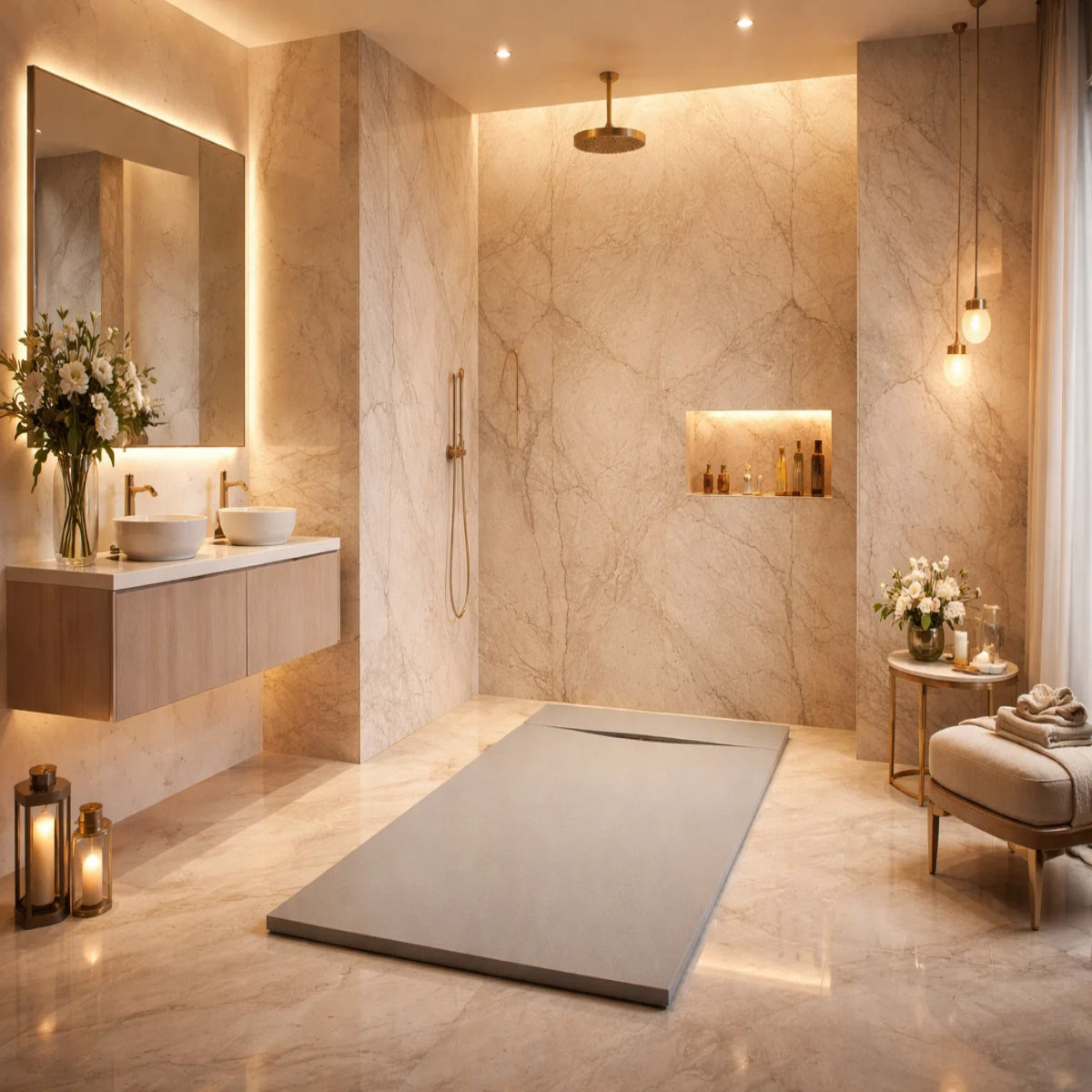 Plato de ducha Gel Coat Gandía Plus Becrisa, acabado piedra, color gris cemento, elegante, antideslizante e higiénico Errefe Home