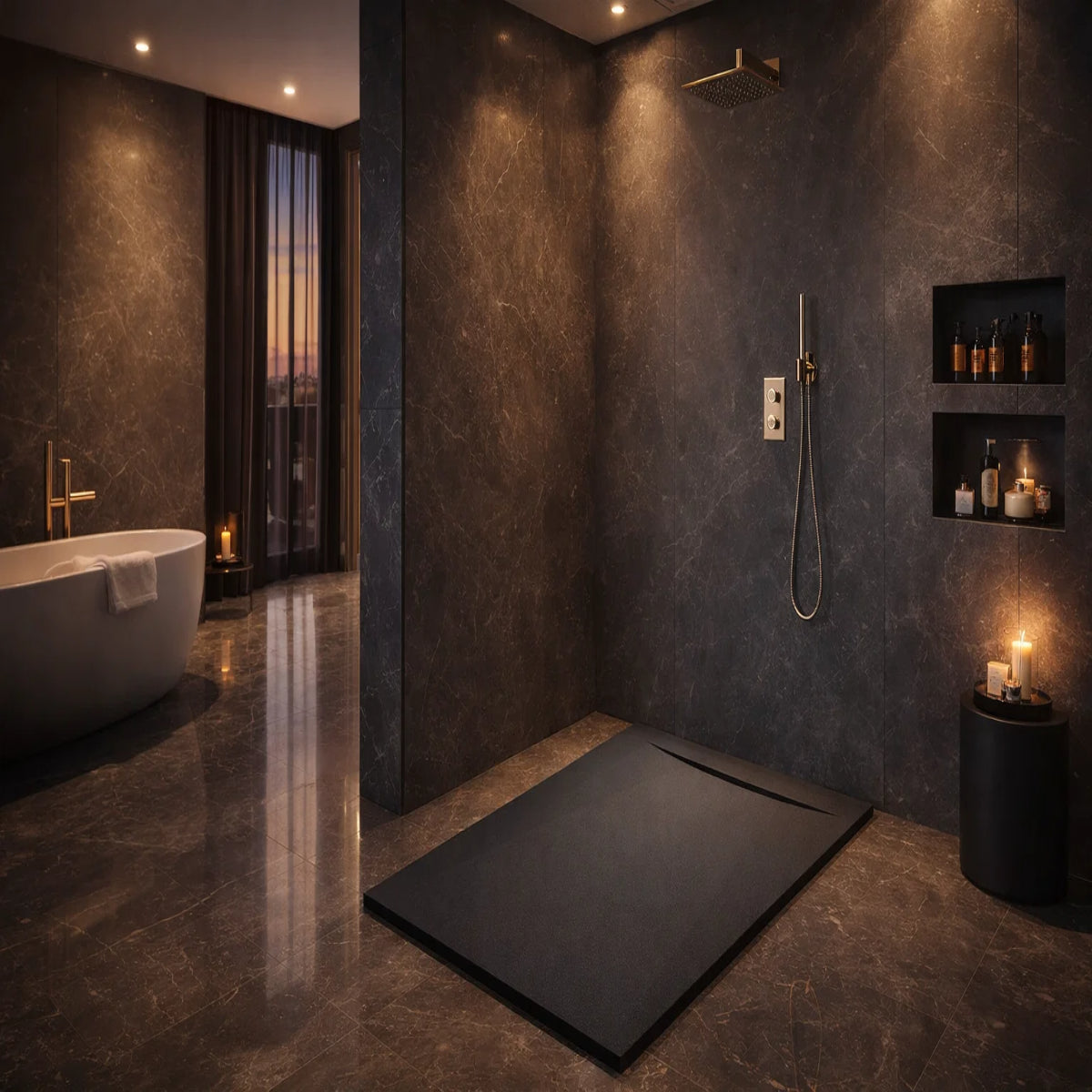 Plato de ducha Gel Coat Gandía Plus Becrisa, acabado piedra, color antracita, elegante, antideslizante e higiénico Errefe Home