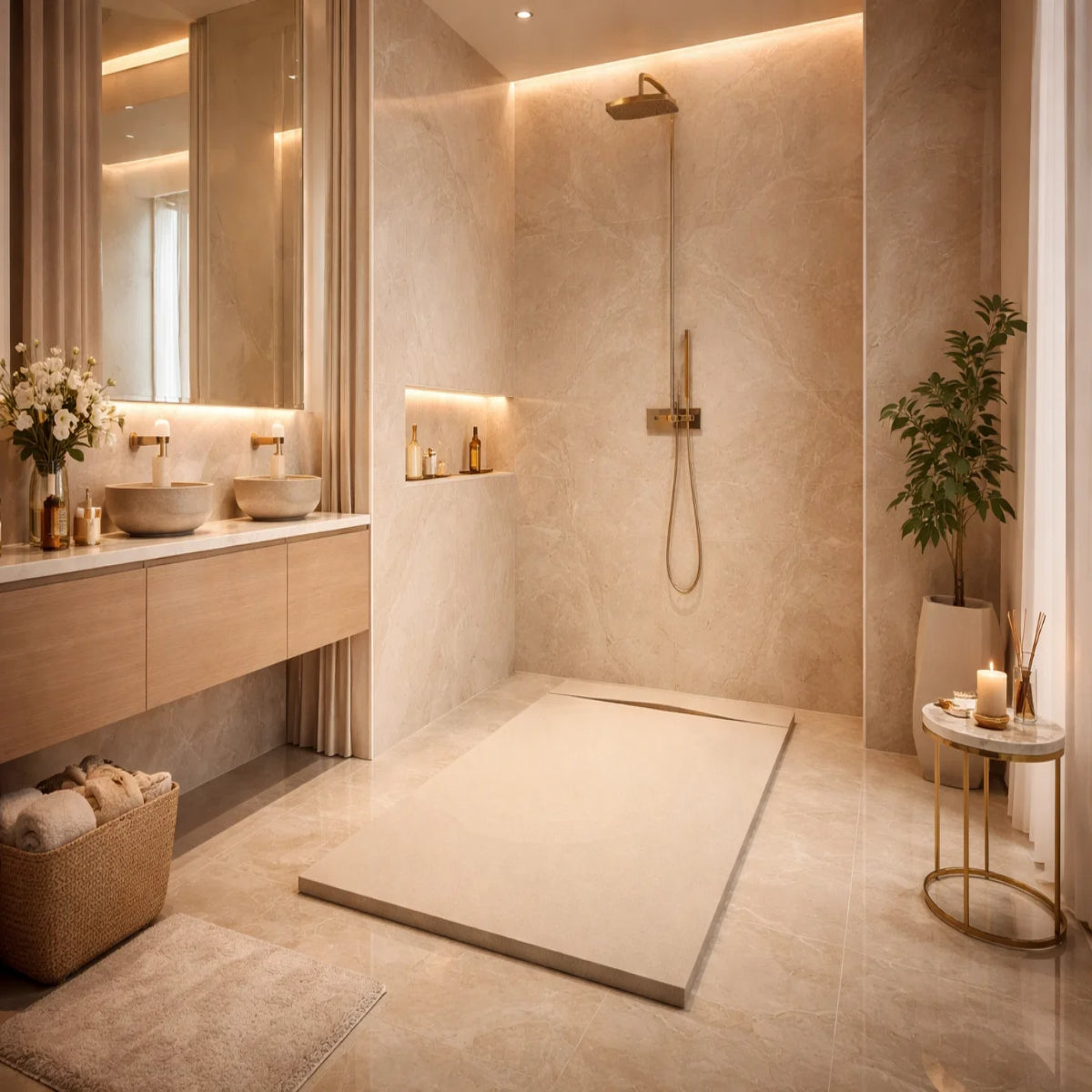 Plato de ducha Gel Coat Gandía Plus Becrisa, acabado piedra, color beige, elegante, antideslizante e higiénico Errefe Home