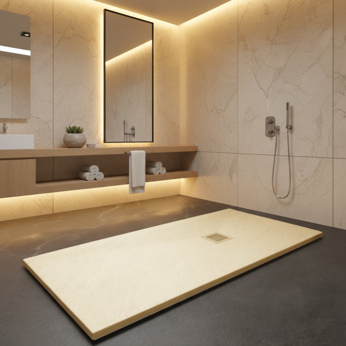 Plato de ducha Gel Coat Ibiza Plus. Acabado pizarra, Beige, antideslizante, higiénico. Errefe Home