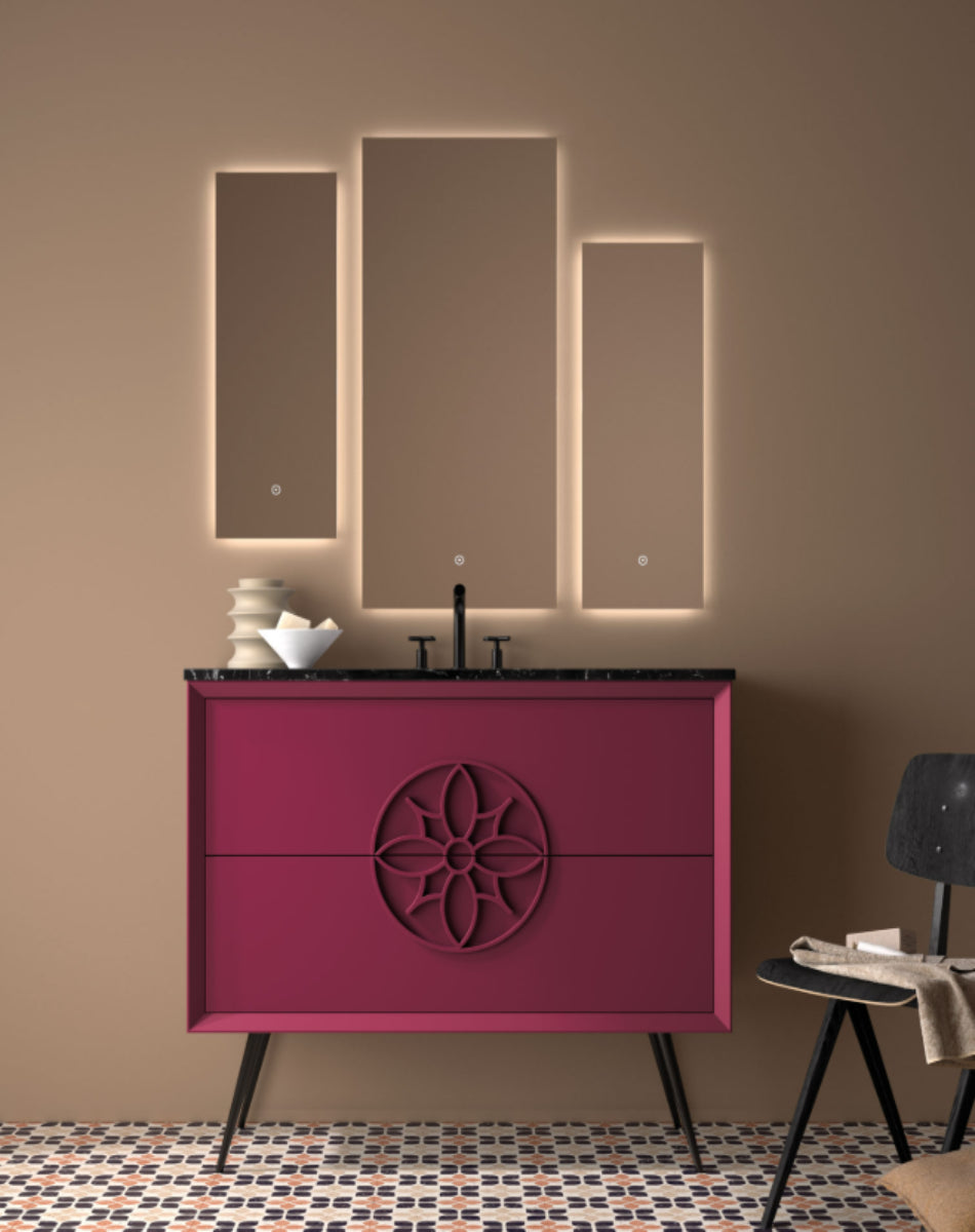 Mueble baño Sue Lux 2 cajones patas Stiletto lacado vino tinto lavabo integral negro Avila Dos Errefe Home