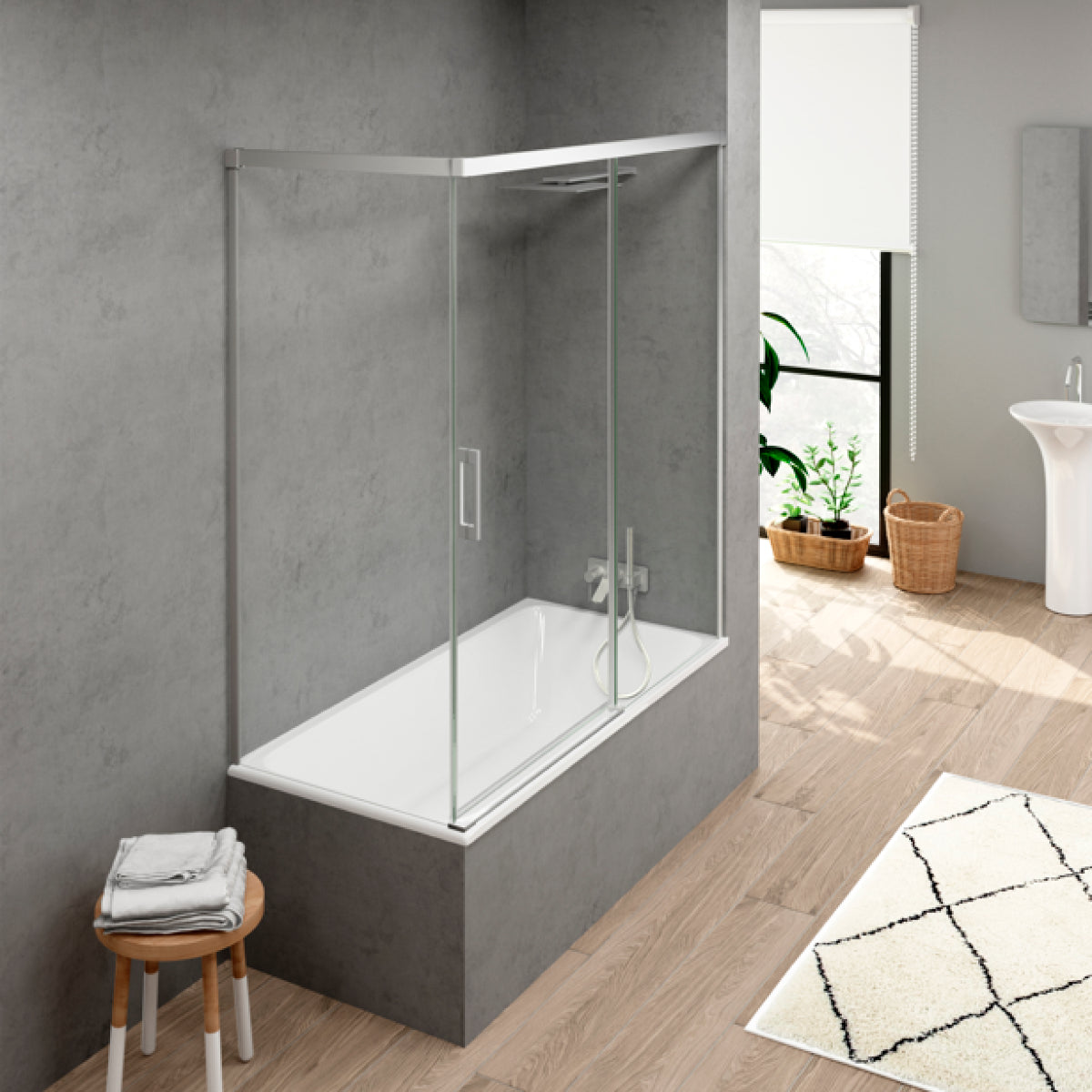 Mampara de bañera YAIZA Becrisa vidrios transparentes, 1 puerta corredera, 1 fijo+1 lateral fijo, perfil cromo, diseño minimalista, Errefe Home