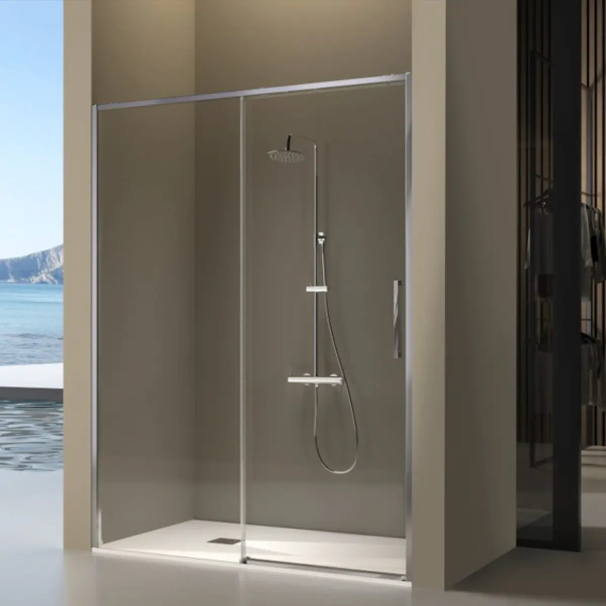 Mampara de ducha Delta Kassandra, 1 corredera + 1 fijo, perfil en cromo, cristal transparente, diseño estilizado y minimalista, Errefe Home