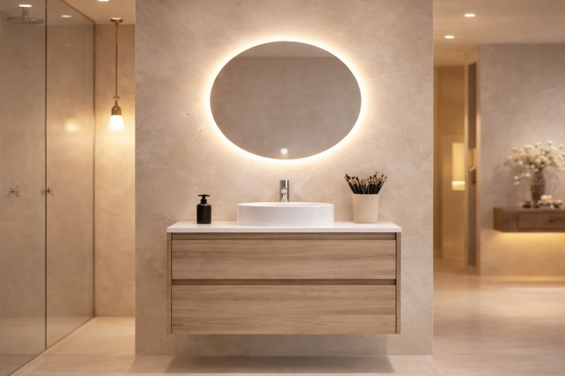 Mueble de baño suspendido de 2 cajones y lavabo sobre encimera color madera- Avila Dos - Errefe Home