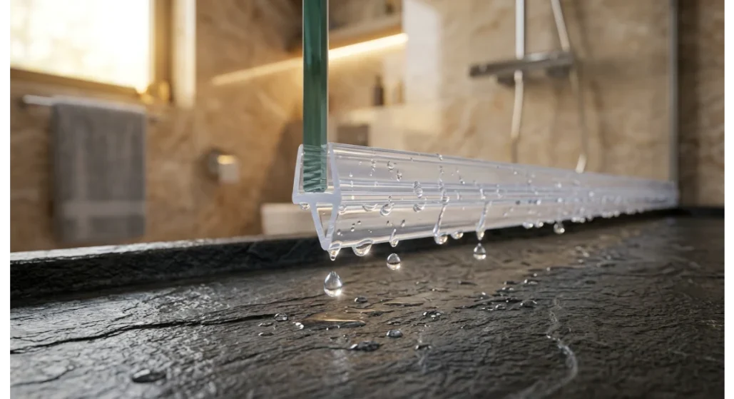 Goma vierteaguas transparente en mampara de cristal templado con gotas de agua