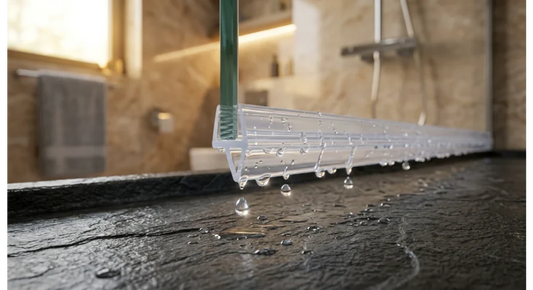 Goma vierteaguas transparente en mampara de cristal templado con gotas de agua