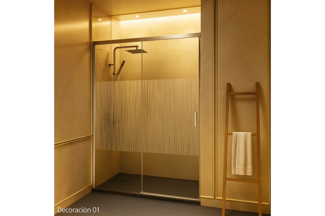 Mampara de ducha de vidrio templado transparente con perfilería de aluminio cromo brillo moderna y minimalista