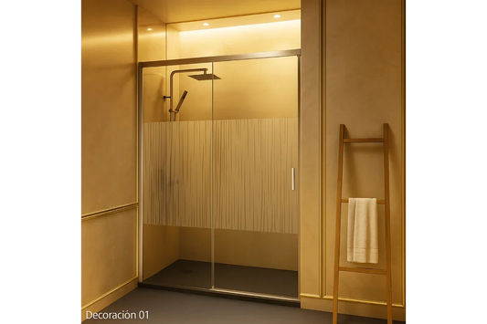 Mampara de ducha de vidrio templado transparente con perfilería de aluminio cromo brillo moderna y minimalista