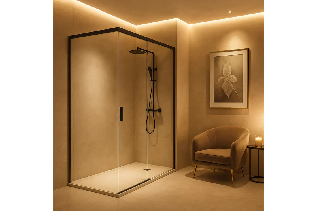 Mampara de ducha corredera negra. Sistena de liberación de puerta para limpieza. Kassandra-Errefe Home
