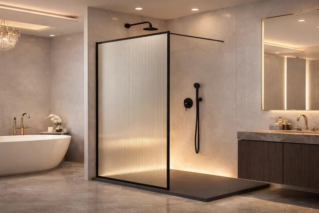 Mampara de ducha cerco perimetral negro, vidrio decorativo acanalado, diseño sofisticado y actual, Errefe Home