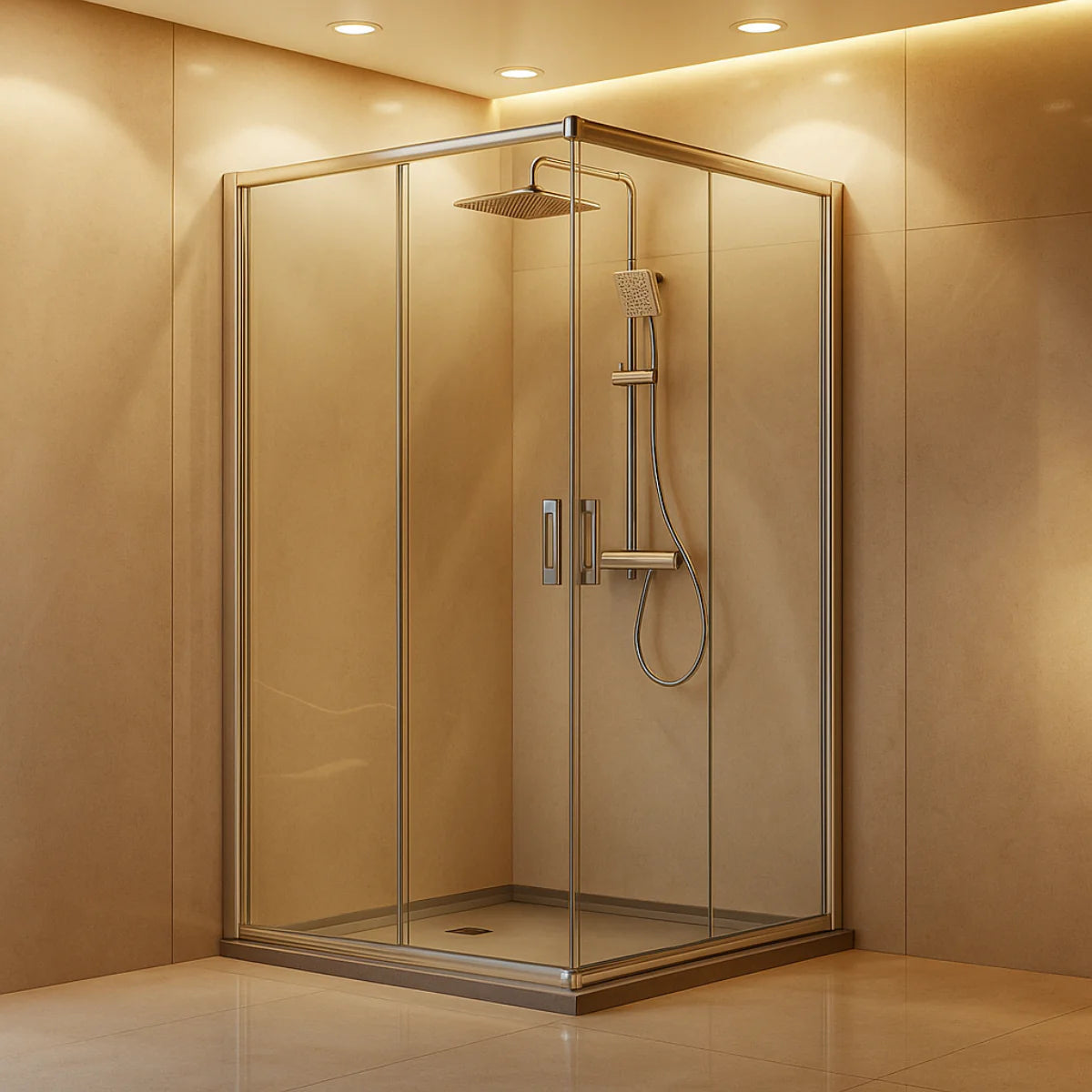 Mampara de baño angular - Siena- Kassandra-perfiles acabado-plata-brillo-práctica y funcional, Errefe