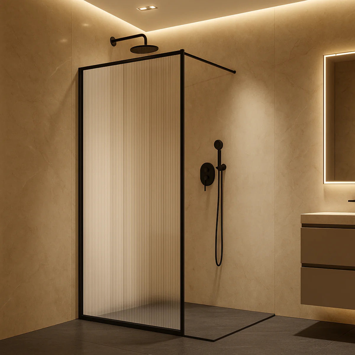 Mampara con vidrio fijo transparente modelo FRESH  SALOMON acabado Inox cepillado oro