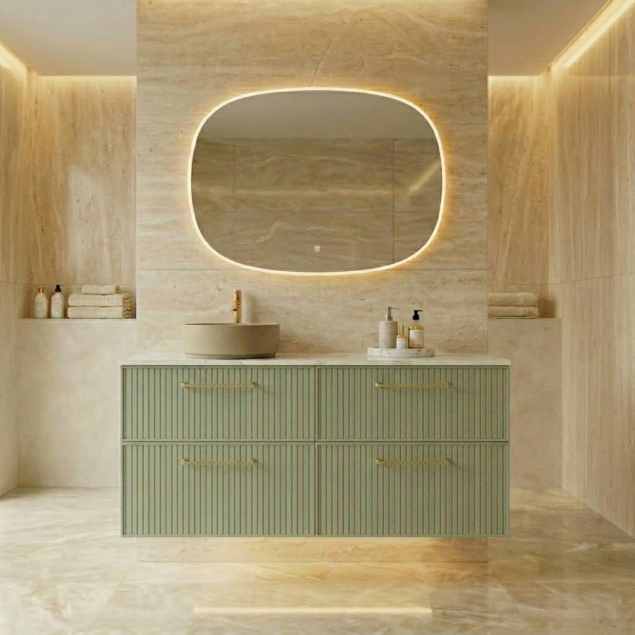 Mueble de baño 120 cm de 2 senos, 4 cajones, lavabos sobre encimnera, Colección Blanca color verde. Avila Dos - Errefe Home