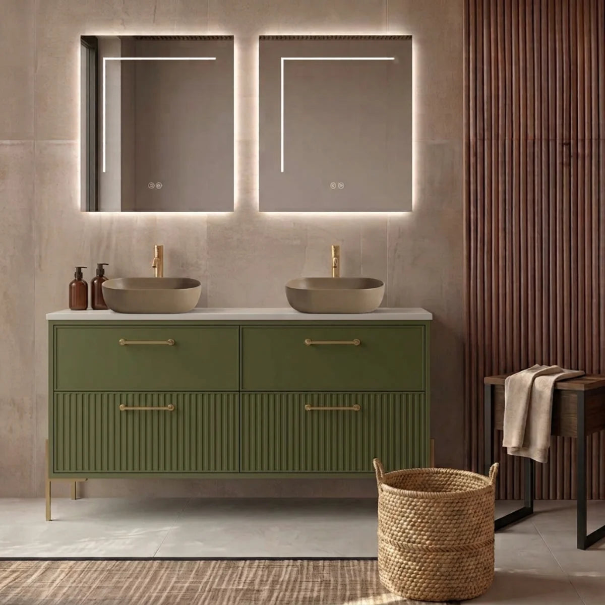 Mueble de baño 140 cm 4 cajones  COLOR VERDE con patas LUNGO, 2 lavabos Ovalados sobre encimera color Café Colección BLANCA. Avila Dos - Errefe Home 