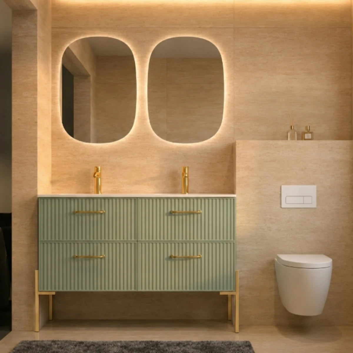 Mueble de baño 120 cm Avila Dos 4 cajones con Patas LUNGO con lavabo integrado de doble seno Colección Blanca color VERDE tiradores dorados Errefe Home