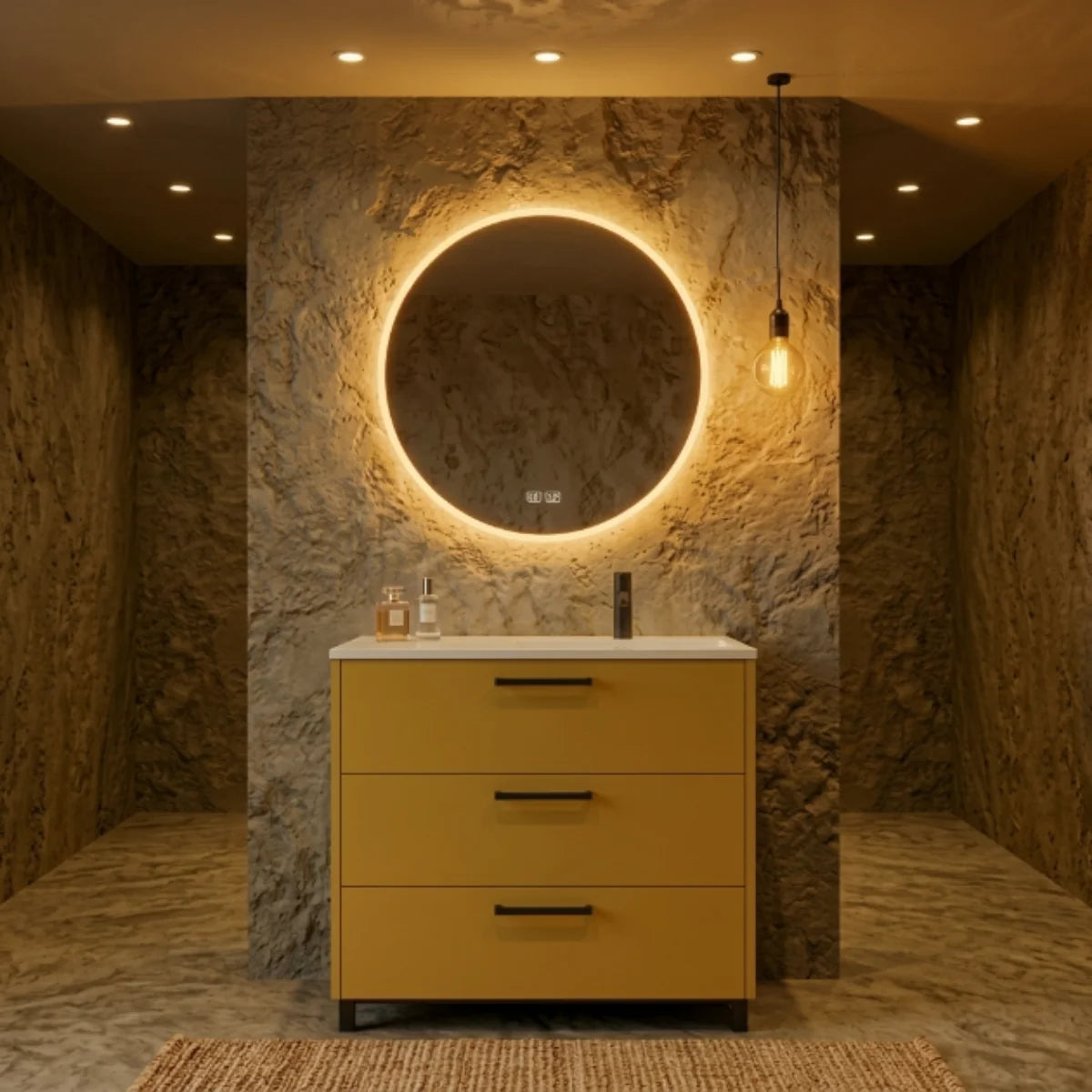 Mueble de baño 90 cm con lavabo desplazado integrado, 3 cajones con patas, color mostaza. Avila Dos - Errefe Home