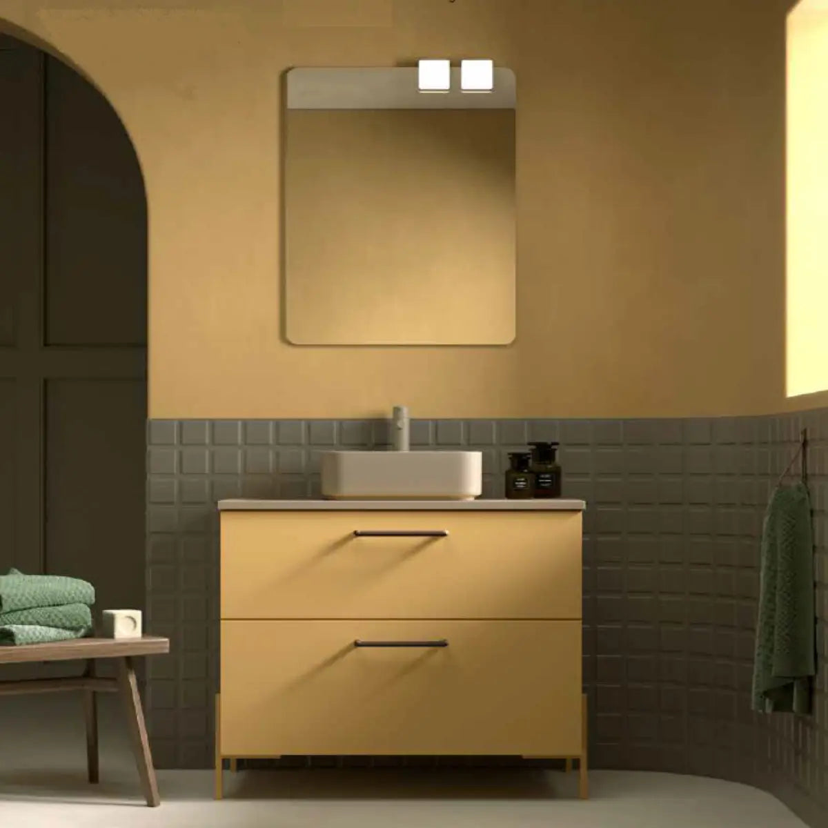 Mueble de baño de 60 cm CARMEN con 2 cajones y patas LUNGO, color mostaza suave. Lavabo  KOLORES sobre encimera. Avila Dos - Errefe Home