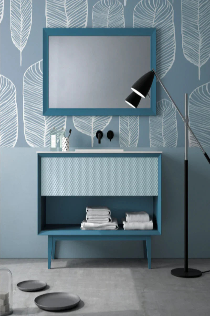 Mueble de baño COLECTTION STYLISH modelo SUE LUX de 1 cajon frente de picos + espacio abierto patas STILETTO lacado en azul, lavabo integrado