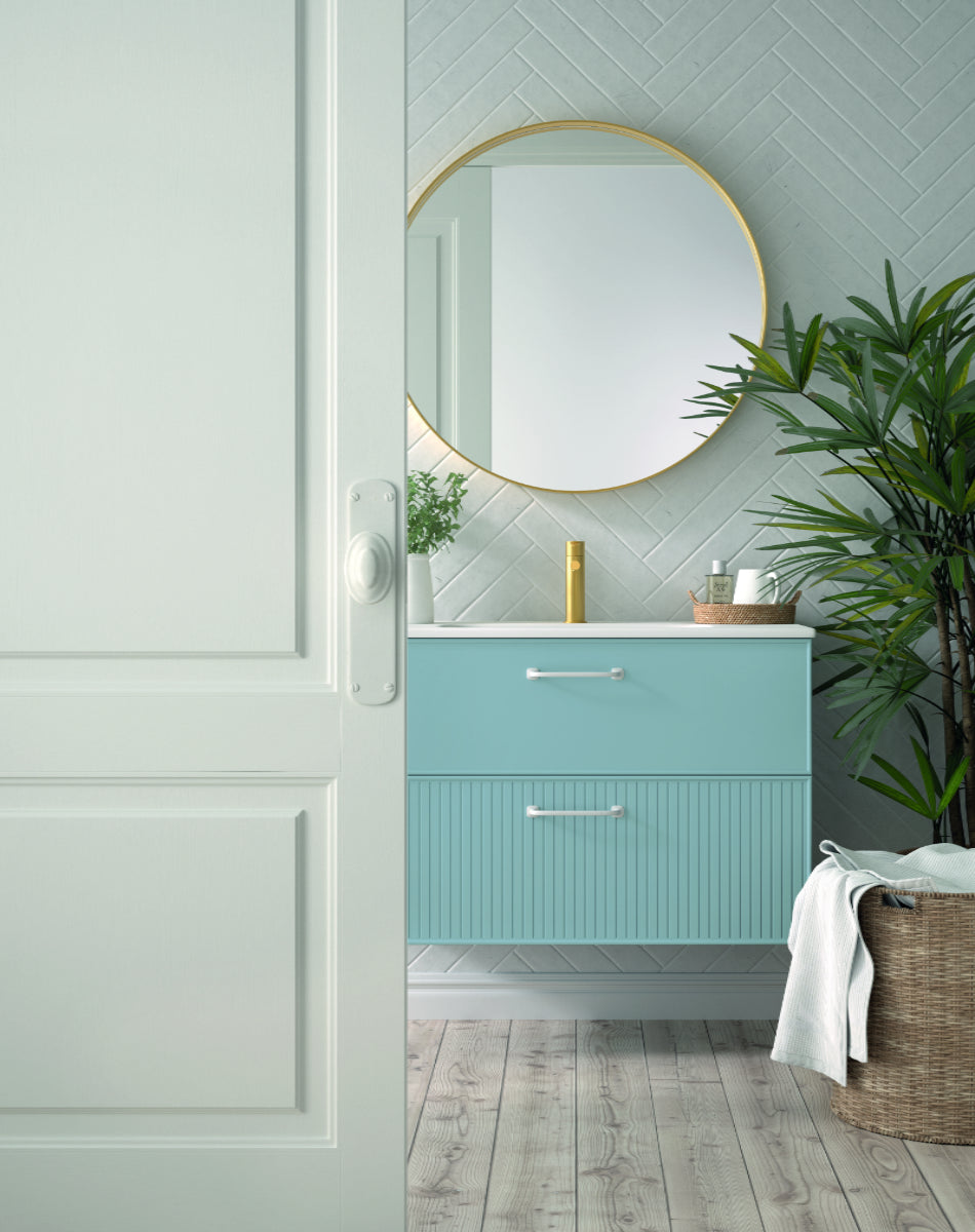 Mueble de baño colección Blanca Avila Dos, color azul claro, 2 cajones suspendidos, lavabo integrado blanco 1 seno, Errefe Home