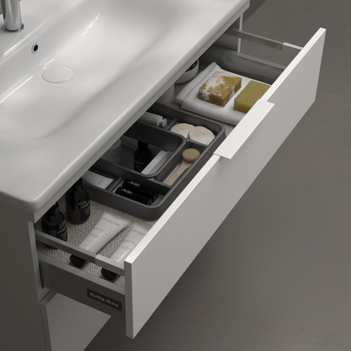 Cajon superior Mueble baño BLANCA Salva sifón y organizadores, diseño funcional Errefe Home