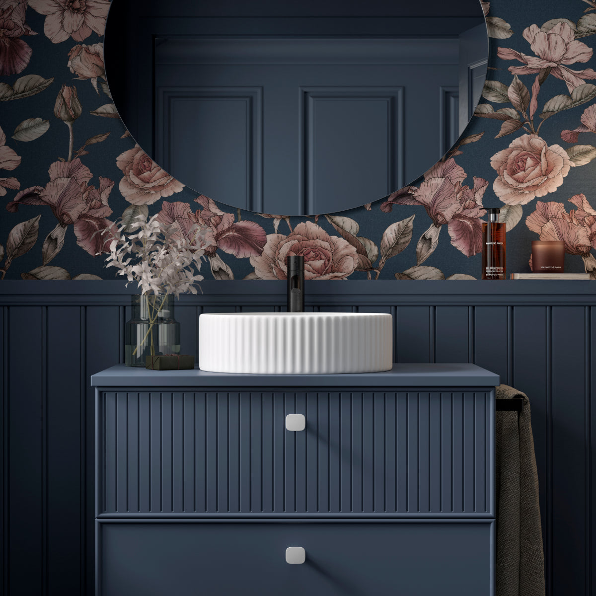 Mueble de baño azul colección Blanca con lavabo circular sobre encimera Kolores 1 seno 2 cajones suspendidos Avila Dos Errefe Home