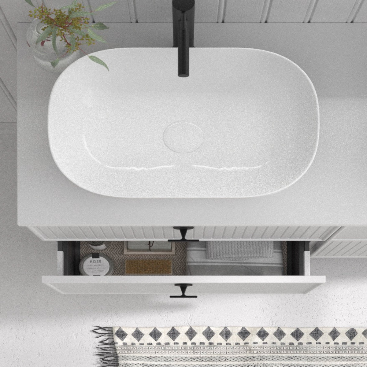 Mueble baño blanco encimera blanca diseño monocromático moderno elegante Errefe Home