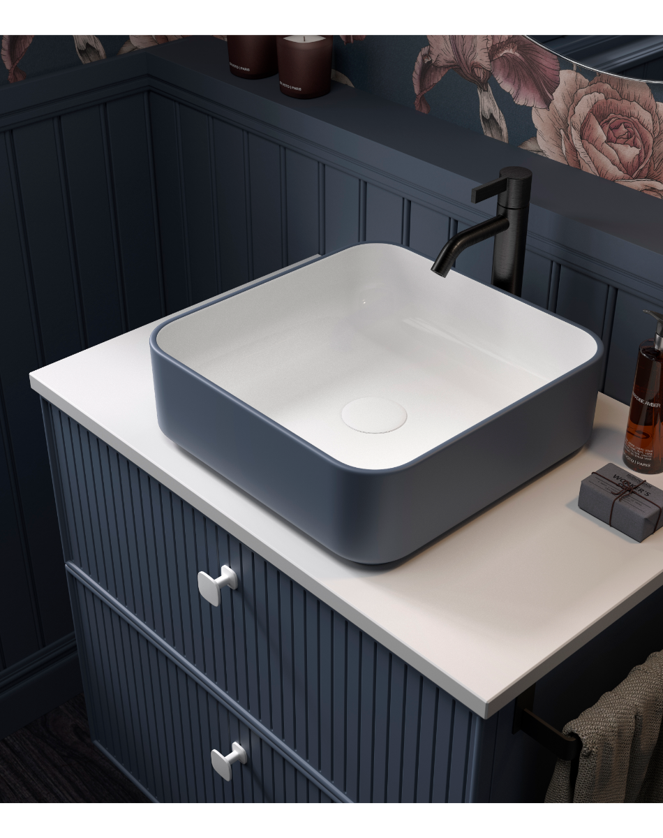Mueble de baño color azul colección Blanca Avila Dos con lavabo CUADRADO sobre encimera Kolores de 1 seno y 2 cajones suspendidos Errefe Home