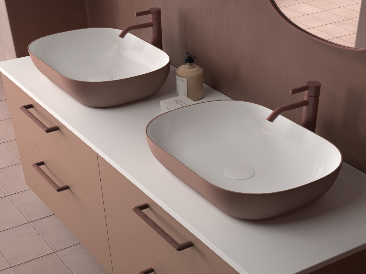 Mueble de baño 4 cajones colección Carmen Avila Dos con 2 lavabos ovalados sobre encimera diseño bicolor Errefe Home