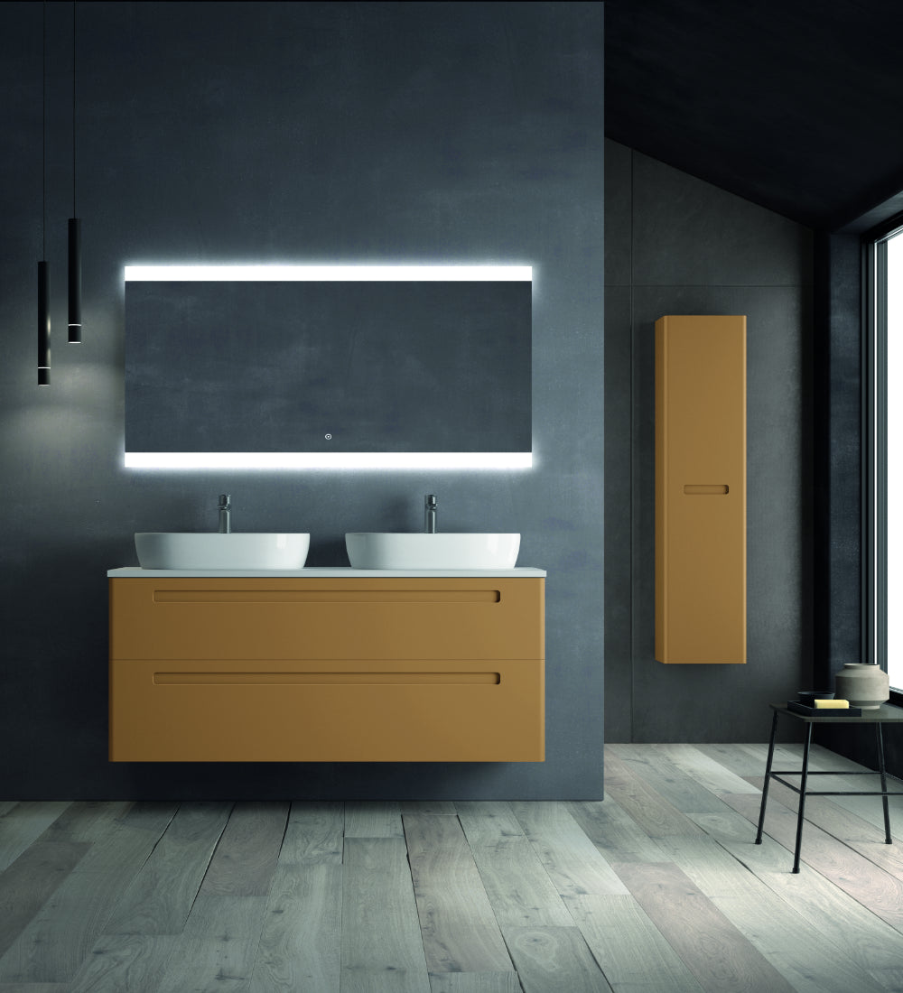 Mueble de baño Paris 2 cajones color mostaza con 2 lavabos sobre encimera blanco Avila Dos Errefe Home