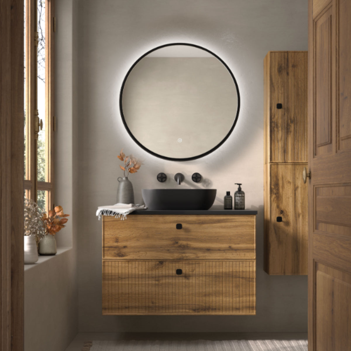 Mueble de baño colección Blanca Avila Dos de 2 cajones acabado madera con lavabo sobre encimera negro, frente rayado y liso, modelo BLANCA6 Errefe Home