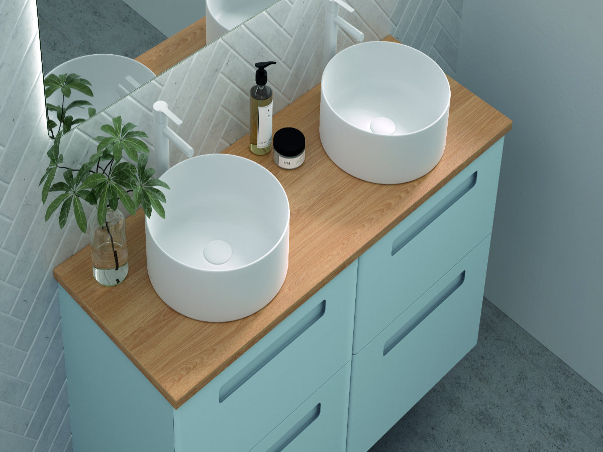 Mueble de baño Paris 4 cajones color azul claro con 2 lavabos blancos sobre encimera laminada Avila Dos Errefe Home