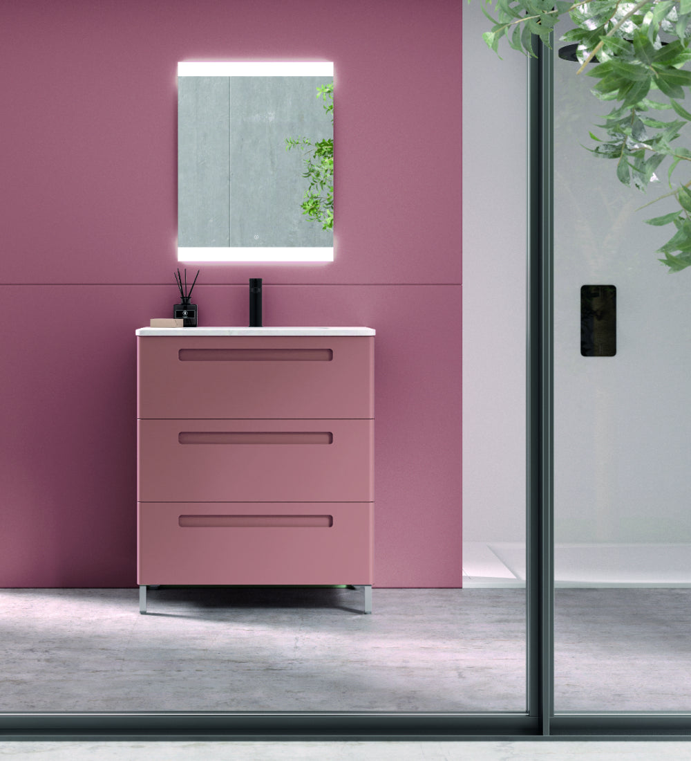 Mueble de baño Paris 3 cajones color coral con lavabo integrado y patas Avila Dos Errefe Home
