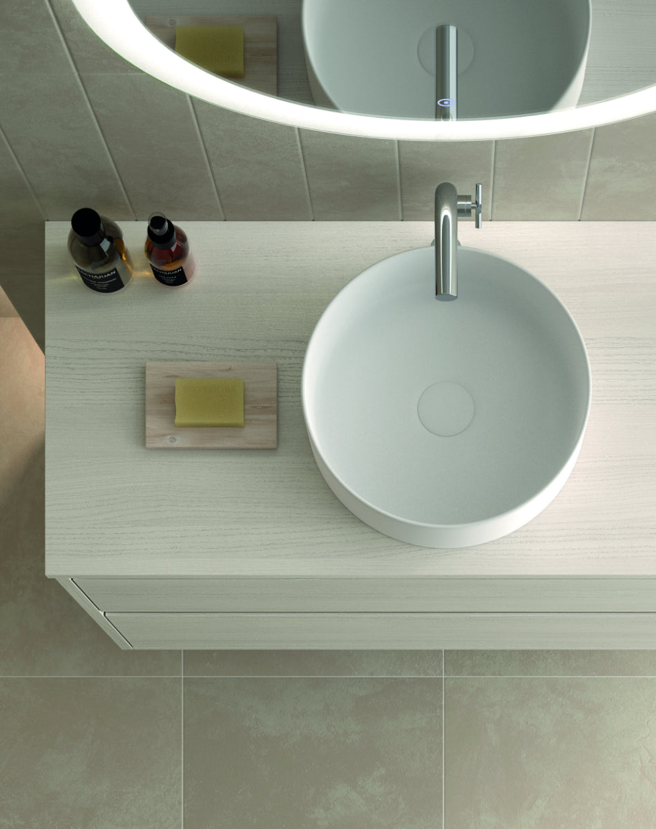 Detalle de Lavabo CIRCULAR sobre encimera color blanco para muebles de baño Avila Dos, Errefe Home