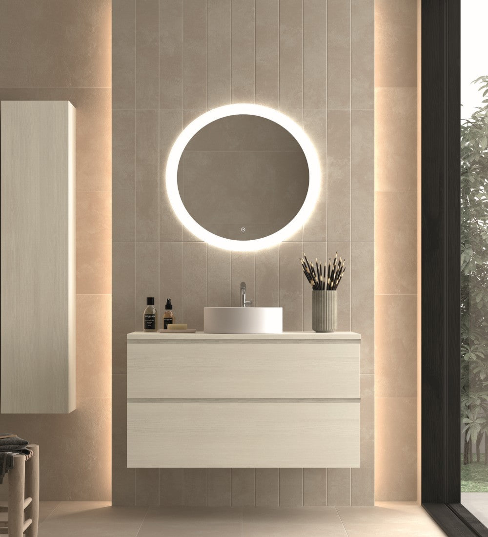 Mueble de baño Avila Dos colección Carmen color blanco con lavabo circular sobre encimera, 1 seno, 2 cajones suspendidos – Errefe Home