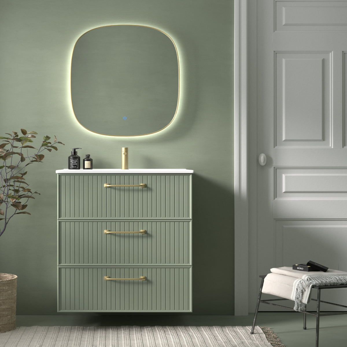 Mueble de baño colección Blanca Avila Dos color verde, 3 cajones suspendidos, tirador LINE, lavabo integrado 1 seno, Errefe Home
