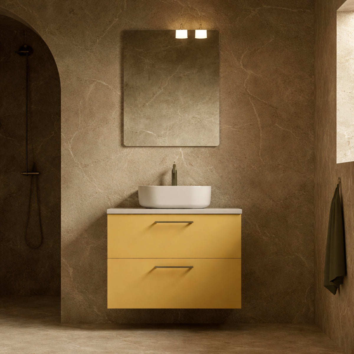 Mueble de baño lacado color nude colección Carmen Avila Dos con lavabo Cuadrado sobre encimera 1 seno y 2 cajones suspendidos Errefe Home