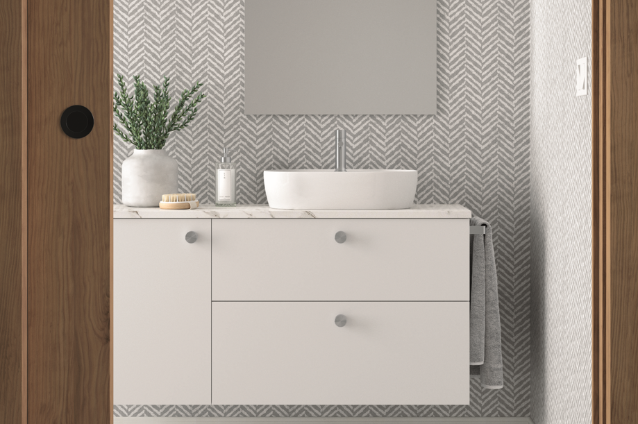 Mueble de baño Blanca Avila Dos 2 cajones + puerta suspendidos frentes lisos tirador RONDO lavabo blanco sobre encimera 1 seno  Errefe Home