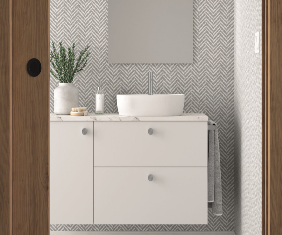 Mueble de baño Blanca Avila Dos 2 cajones + puerta suspendidos frentes lisos tirador DOT lavabo blanco sobre encimera 1 seno  Errefe Home