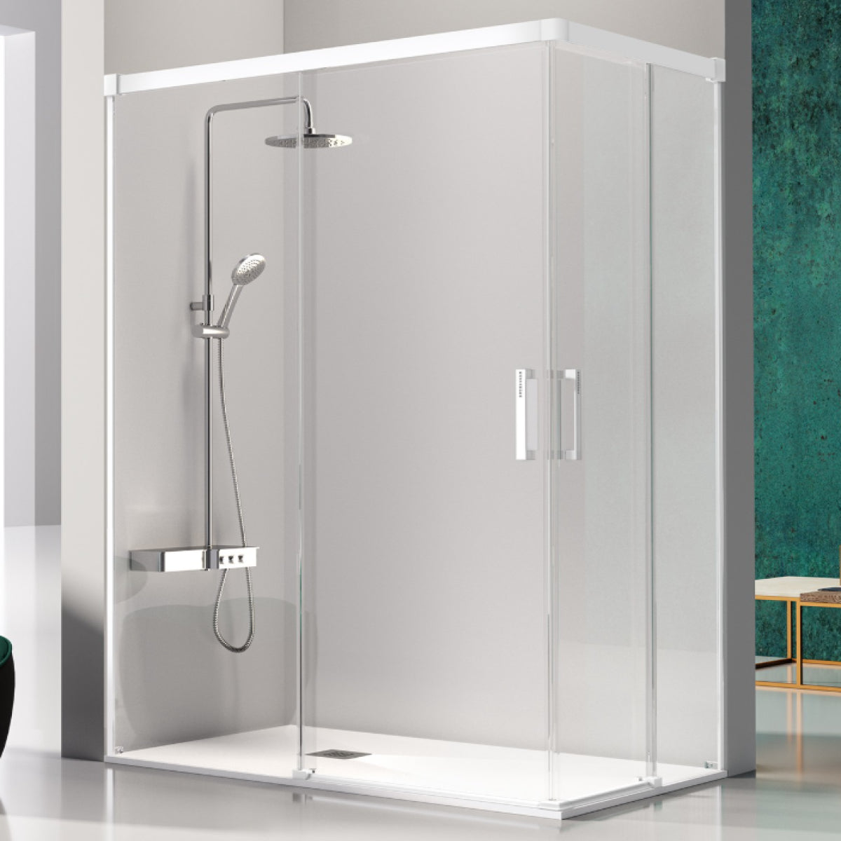 Mampara de ducha angular Glasé Kassandra, 2 puertas correderas + 2 fijos, vidrio transparente, perfil blanco, diseño sofisticado y elegante, Errefe Home