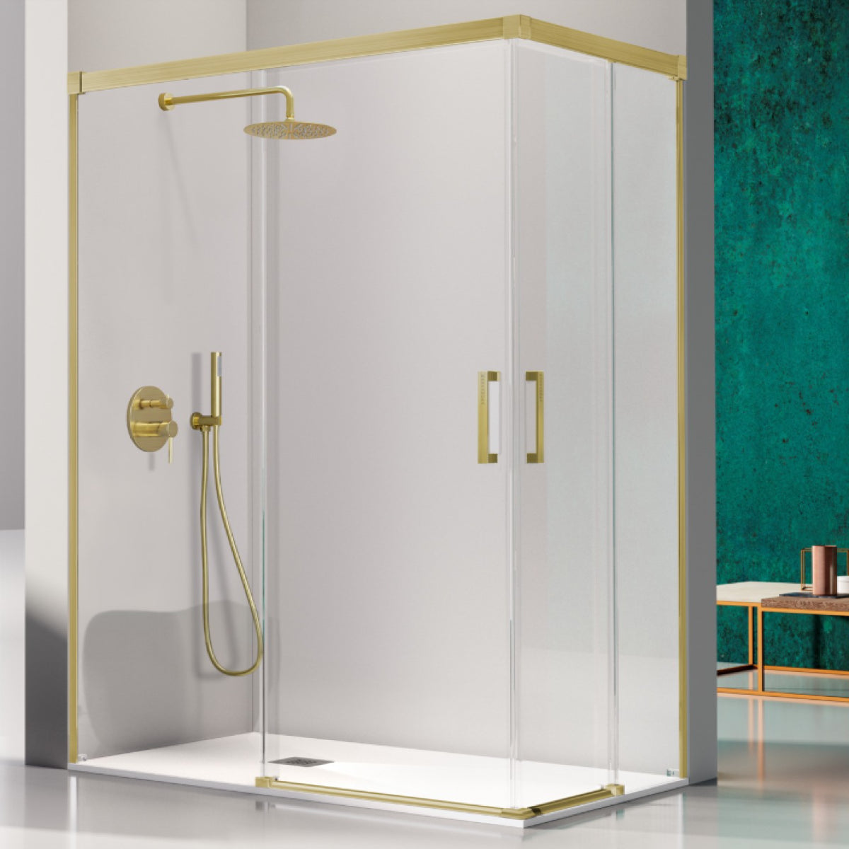 Mampara de ducha angular Glasé Kassandra, 2 puertas correderas + 2 fijos, vidrio transparente, perfil en oro cepilllado, diseño sofisticado y elegante, Errefe Home