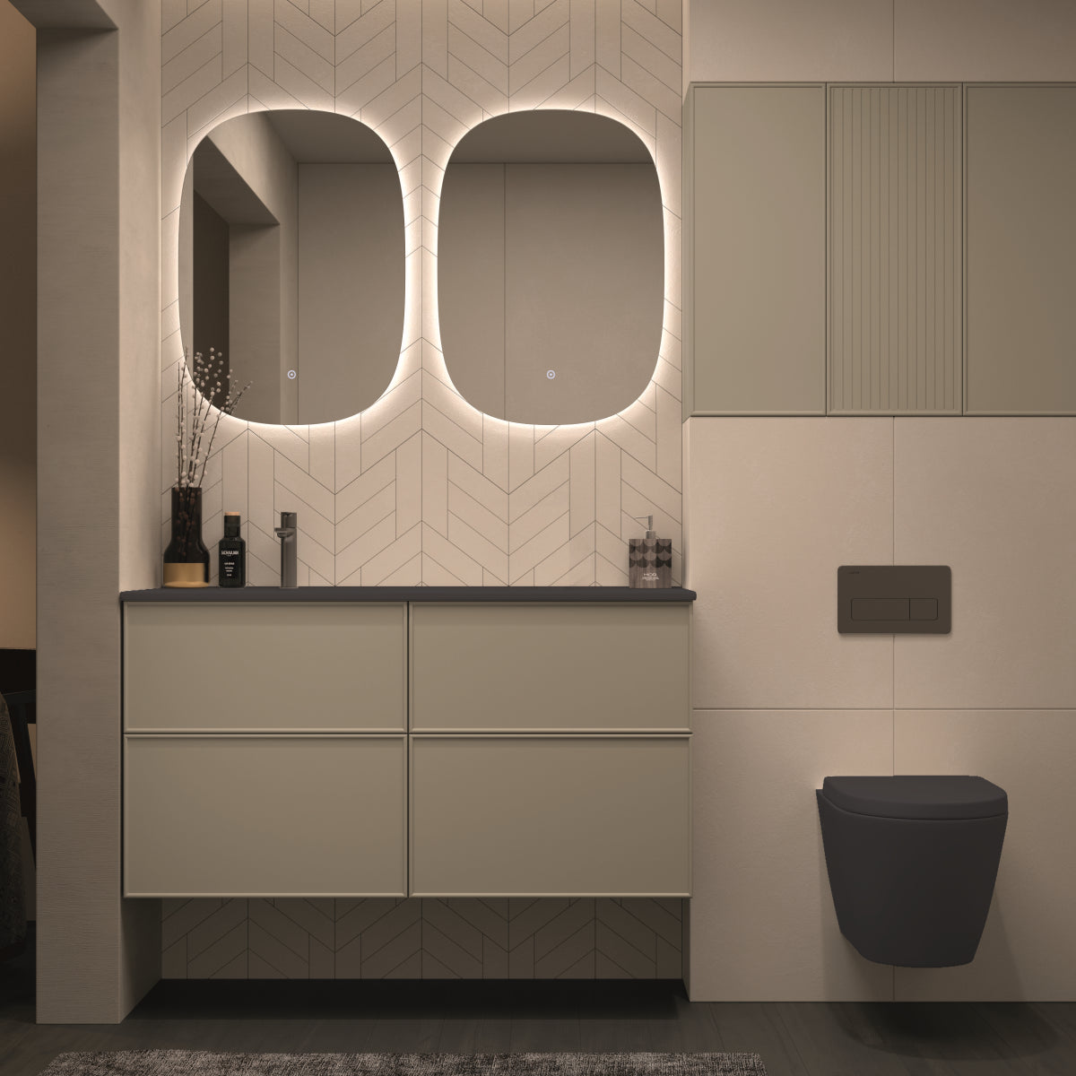 Mueble de baño Avila Dos Colección Blanca color NUDE con lavabo integrado 1 seno desplazado y 2 cajones suspendidos, Errefe Home