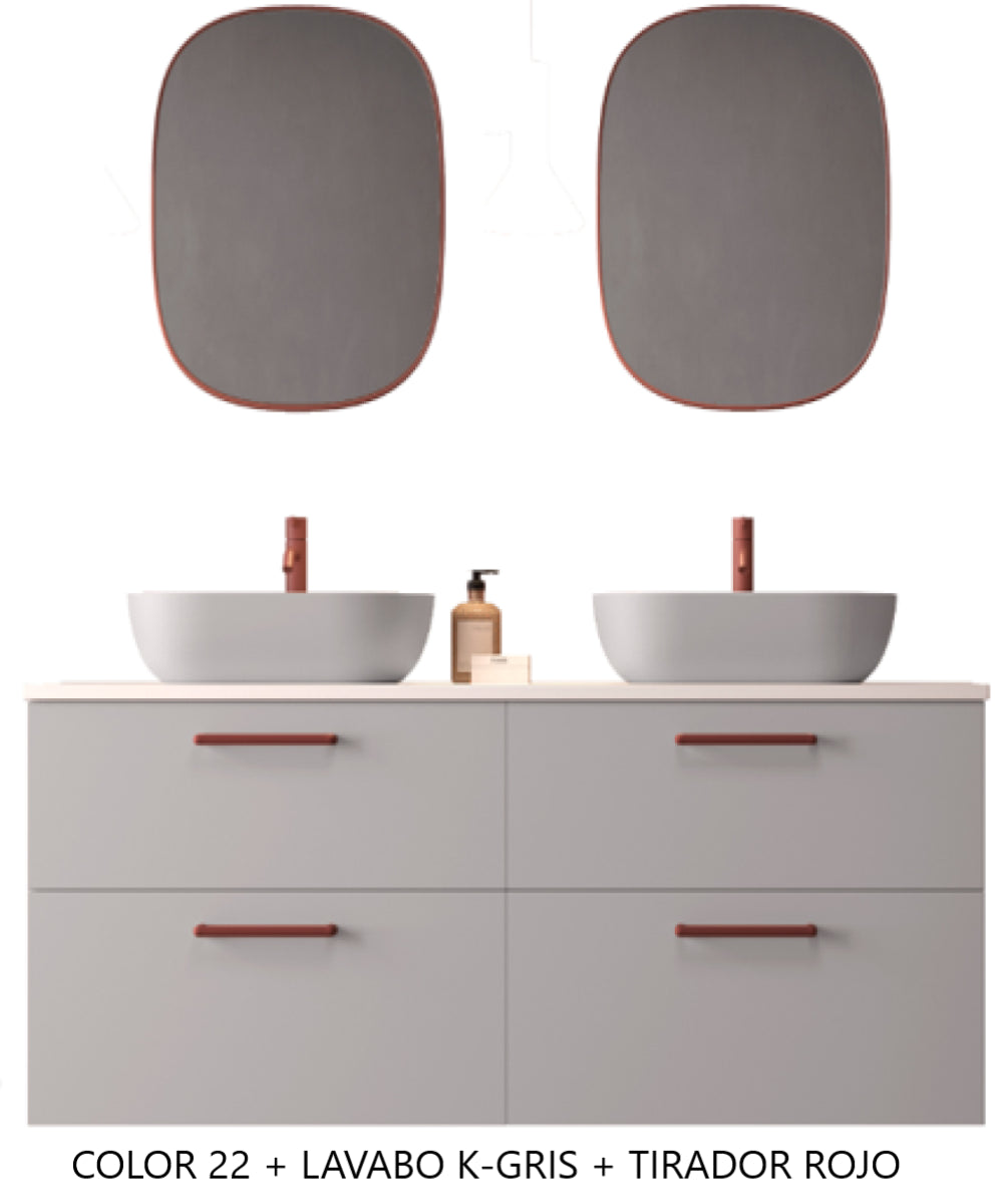 Mueble de baño Carmen color gris con tiradores Rigato rojos diseño moderno Avila Dos Errefe Home