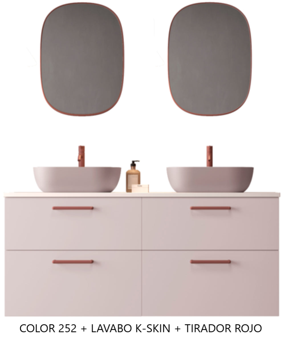 Mueble de baño Carmen 4 cajones suspendidos con lavabo ovalado sobre encimera color K-Skin tiradores Rigato rojos Avila Dos Errefe Home