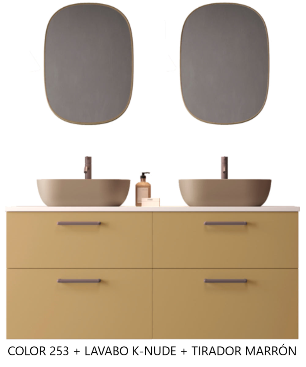 Mueble de baño Carmen 4 cajones suspendidos con lavabo ovalado sobre encimera color K-Nude tiradores Rigato marrón Avila Dos Errefe Home