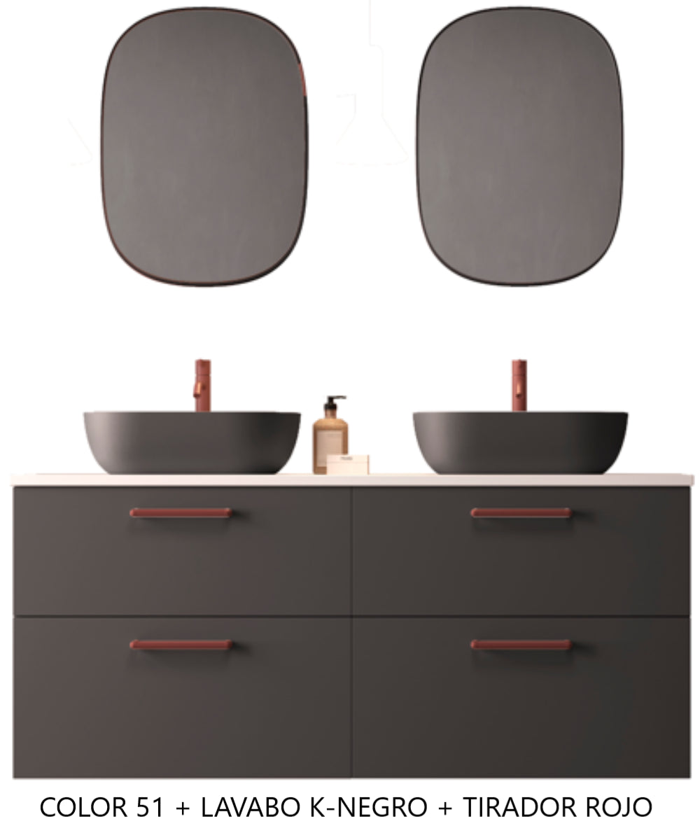 Mueble baño Carmen lavabo negro 4 cajones tiradores Rigato rojos Avila dos Errefe Home