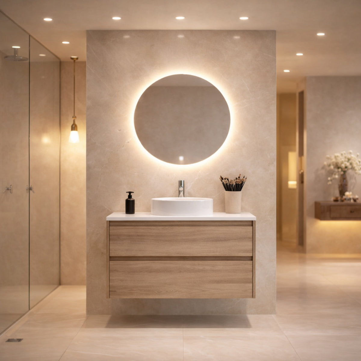 Mueble de baño Carmen color madera con lavabo sobre encimera, 1 seno, 2 cajones suspendidos Avila Dos – Errefe Home