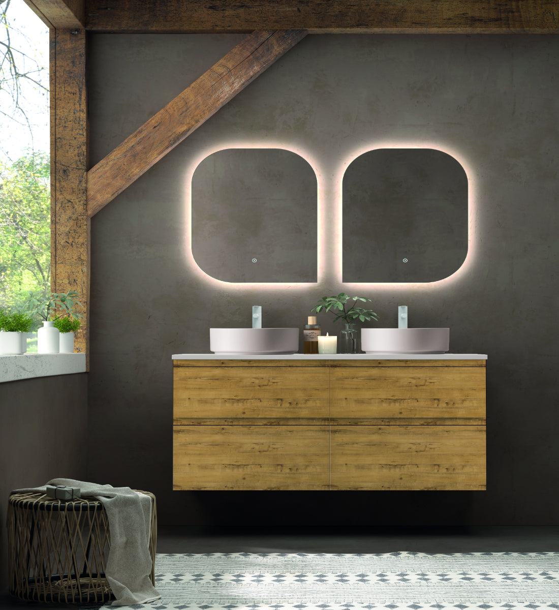 Mueble de baño Colección Carmen 4 cajones suspendidos con lavabo circular sobre encimera 2 senos color madera y grifo Avila Dos Errefe Home