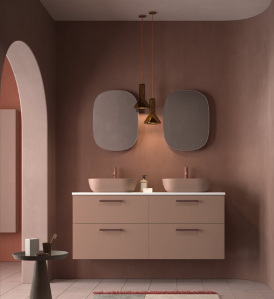 Mueble de baño Colección Carmen 4 cajones suspendidos con lavabo ovalado sobre encimera color K-Coral tiradores Rigato rojo Avila Dos Errefe Home