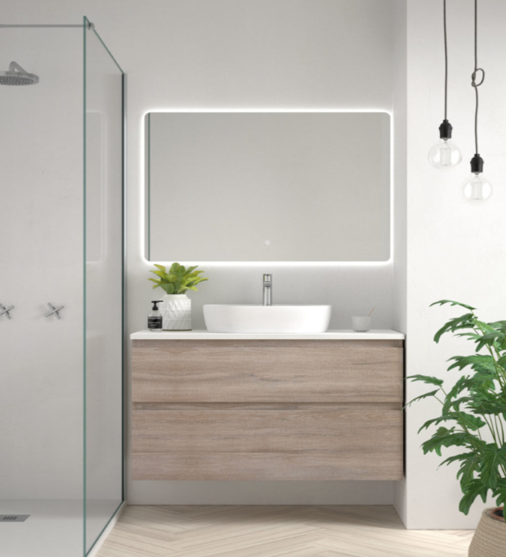 Mueble de baño Carmen color madera 5 con lavabo ovalado sobre encimera, 1 seno, 2 cajones suspendidos Avila Dos – Errefe Home